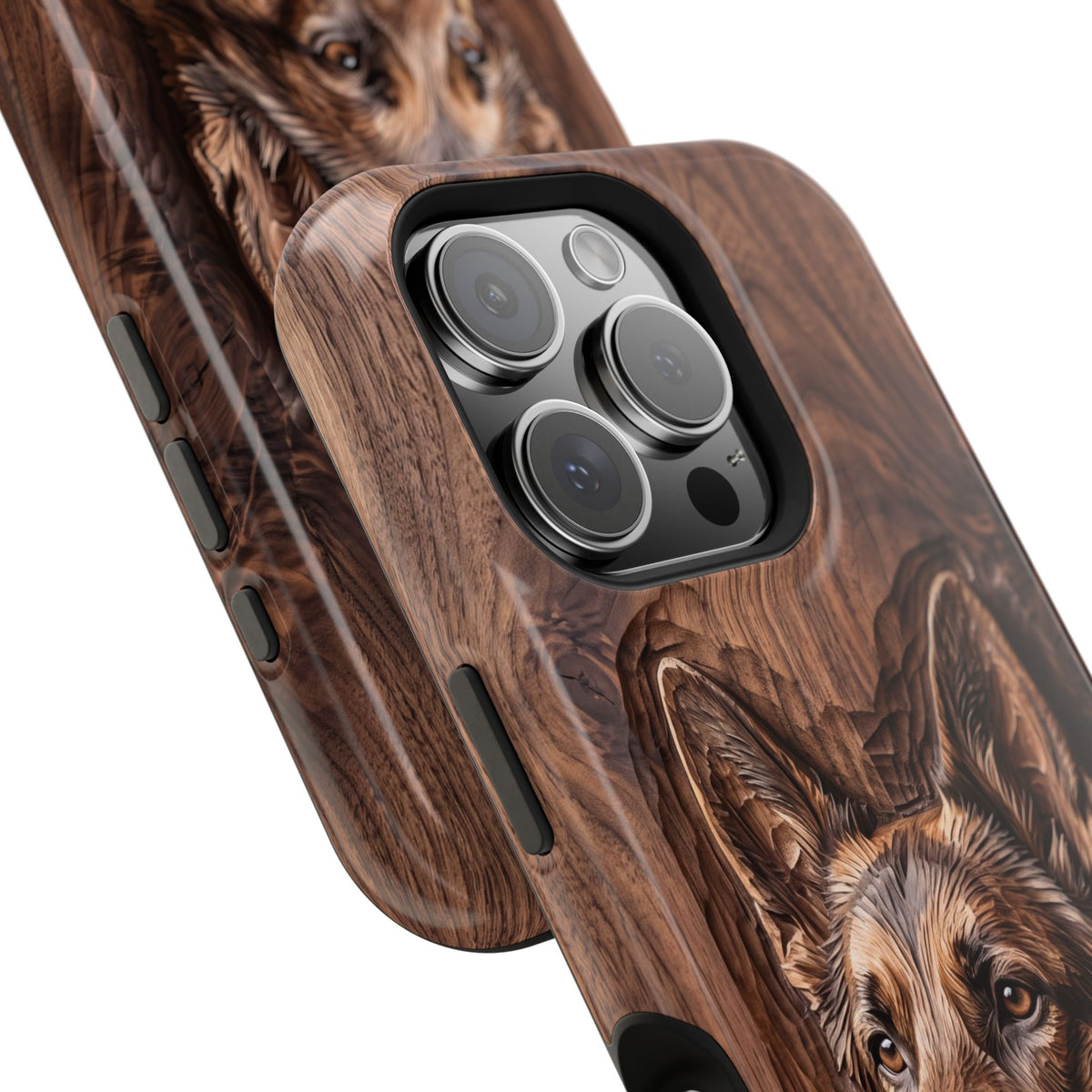German Shepherd Phone Case | Carved Walnut Art — Tough Magnetic Case with Wireless Charging