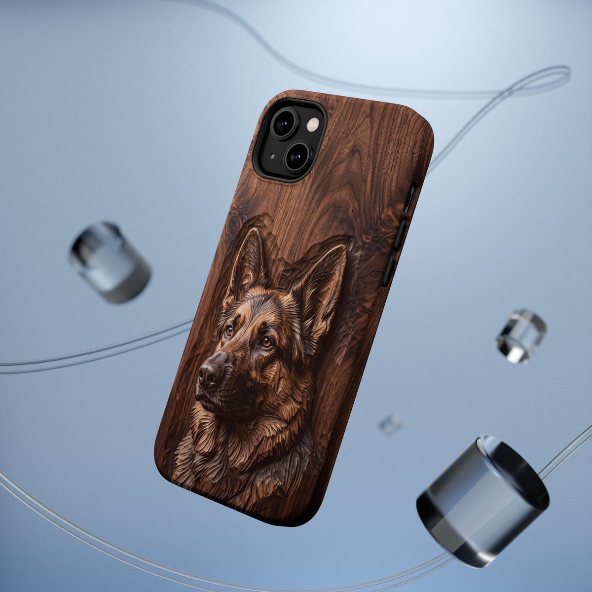 German Shepherd Phone Case | Carved Walnut Art — Tough Magnetic Case with Wireless Charging
