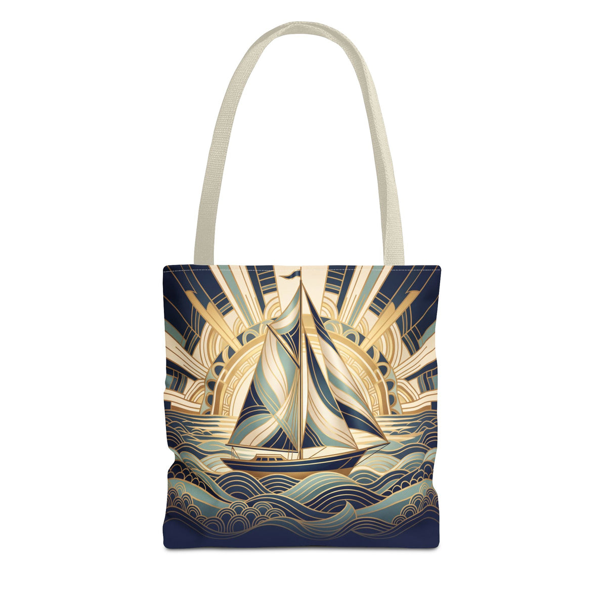 Art Deco Sailboat Tote Bag – Golden Sunburst Nautical Beach Bag