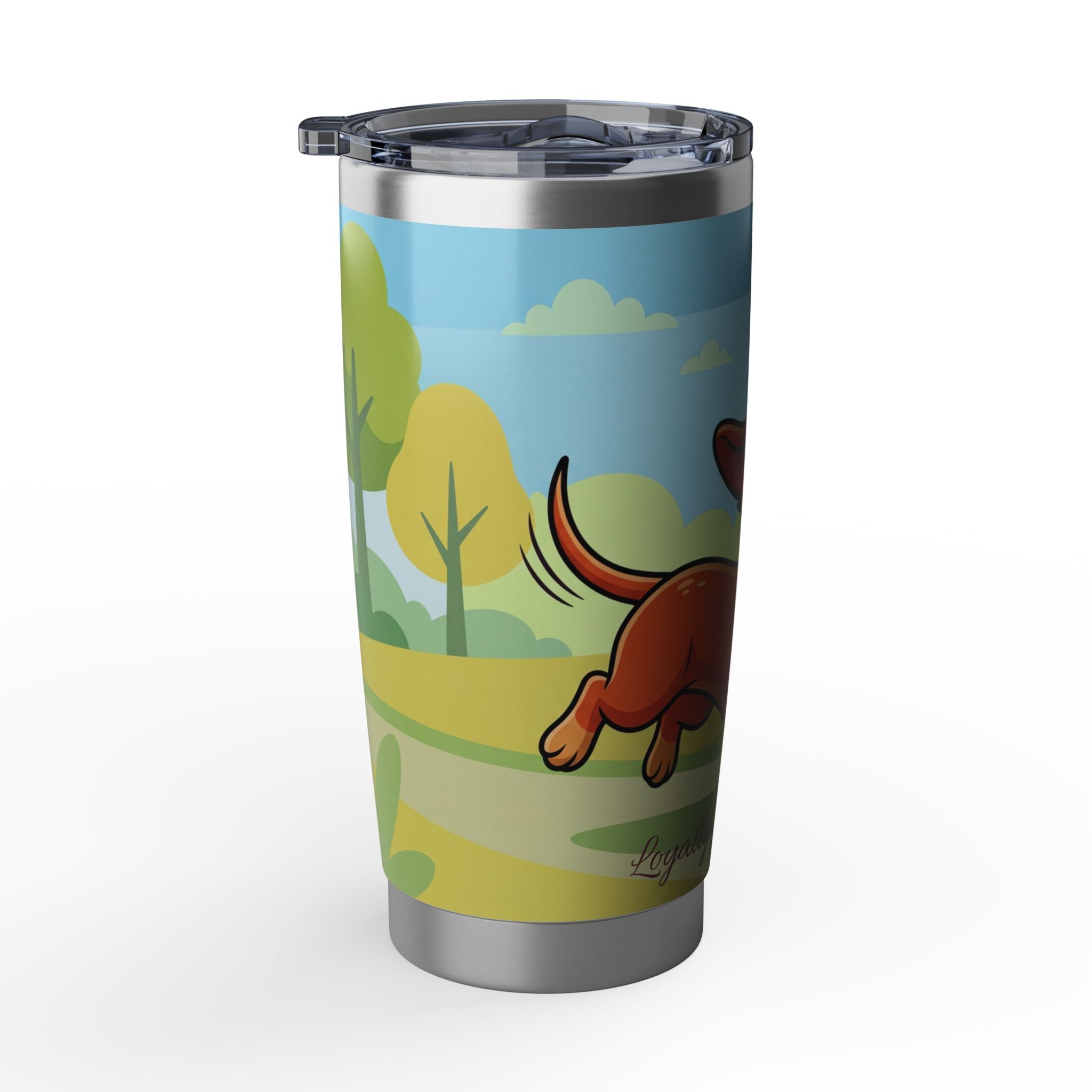 Dachshund Cartoon Stainless Tumbler — 20 oz Personalized Travel Mug with Playful Sunny Park Design