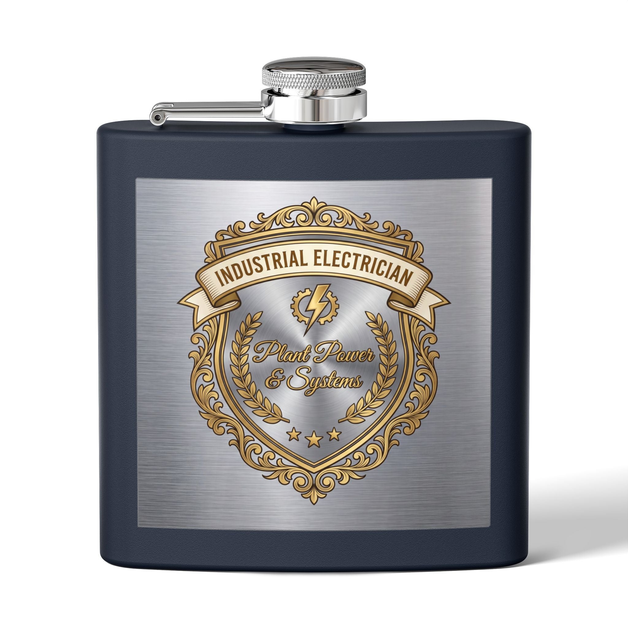 Flask — "Industrial Electrician: Plant Power & Systems" (Crest Edition) 6oz Stainless Steel Hip Flask