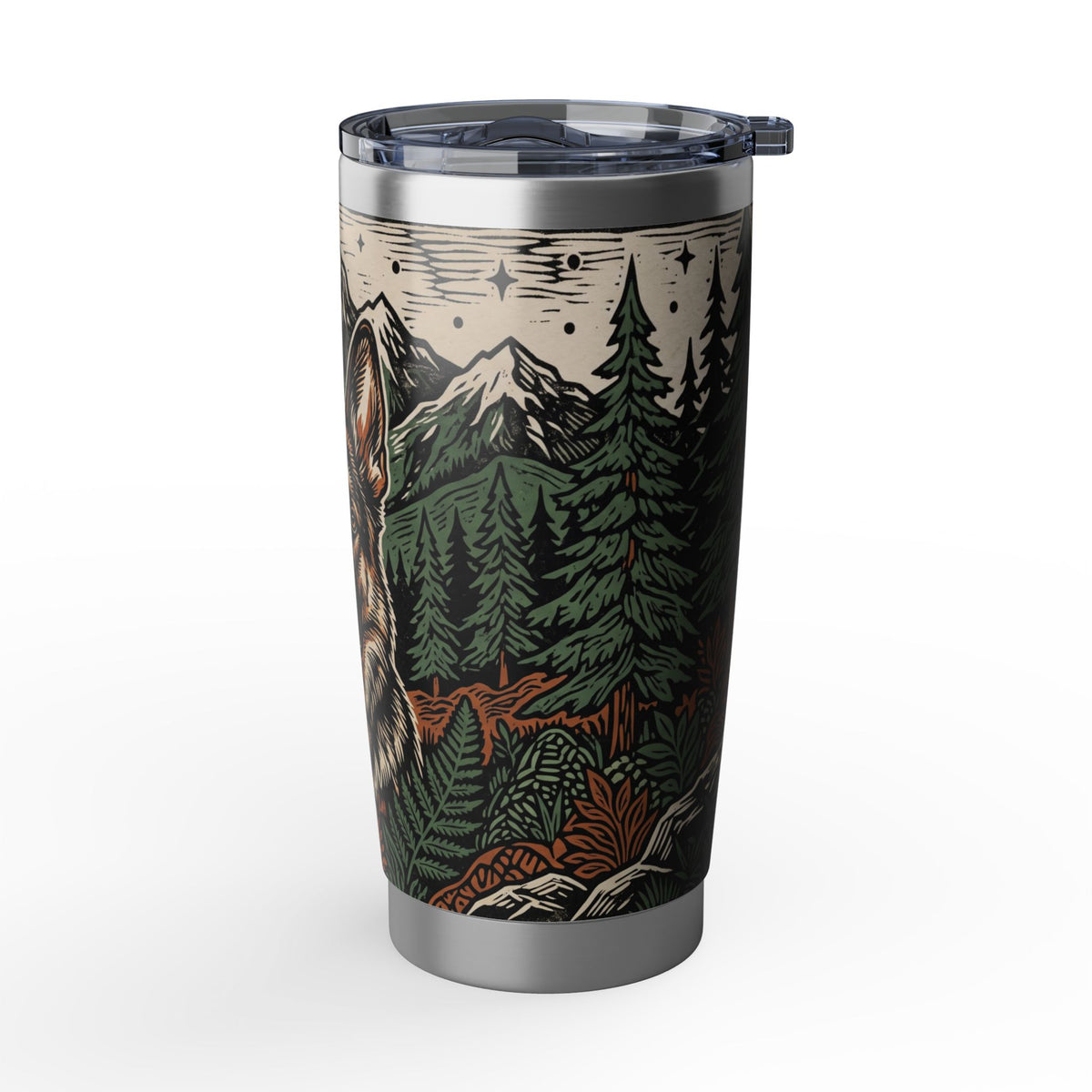 German Shepherd Tumbler | Linocut Woodland Art — 20 oz Stainless Travel Mug