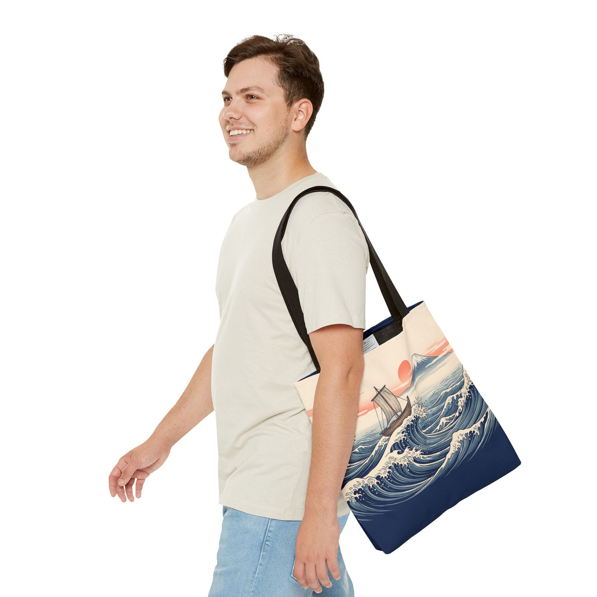 Japanese Wave Sailboat Tote Bag – Woodblock Style Ocean Beach Bag