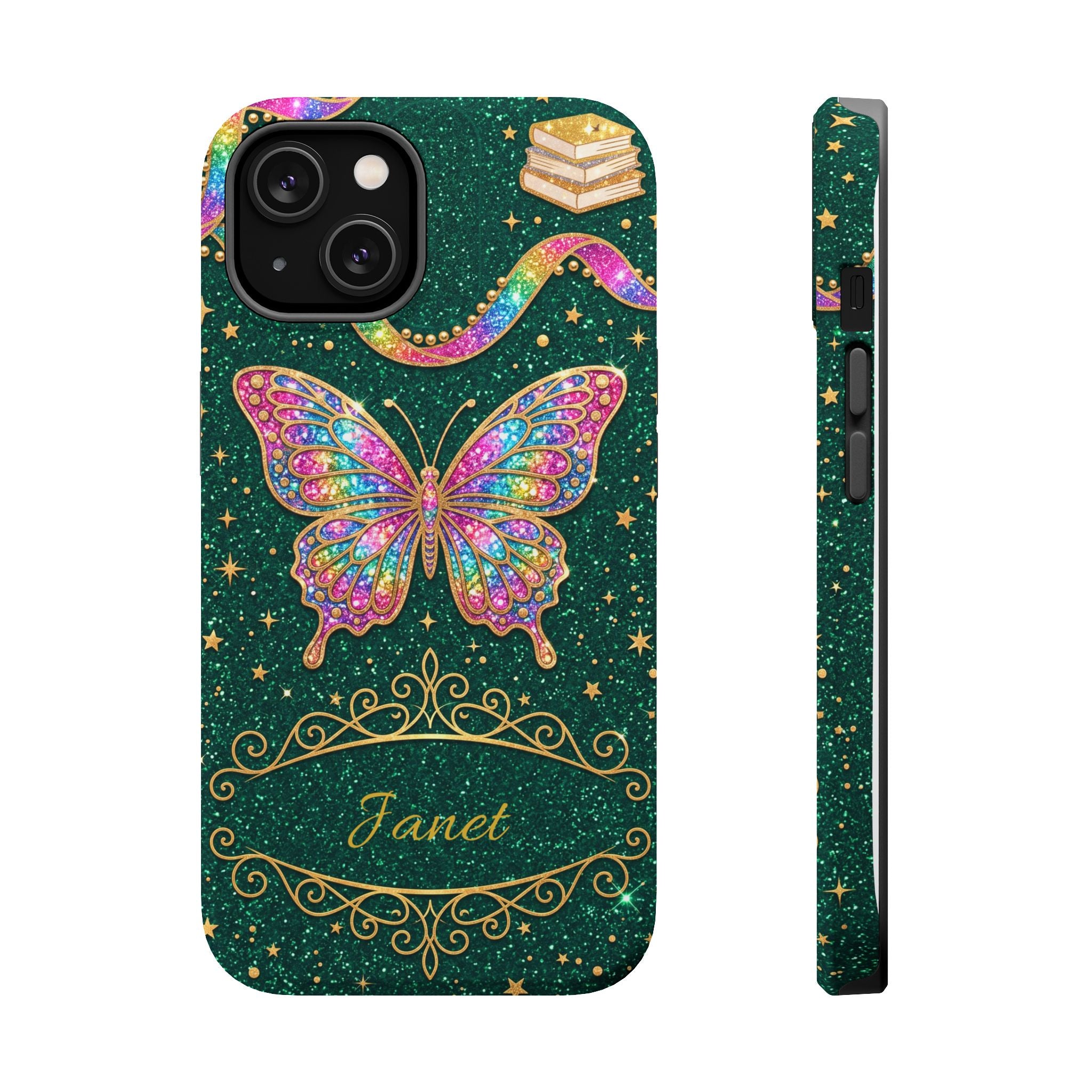Rainbow Glitter Butterfly Personalized Teacher Phone Case — Wireless Charging Cover