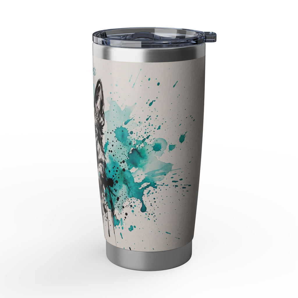 German Shepherd Personalized Tumbler | Turquoise Ink Splash Art — 20 oz Stainless Travel Mug