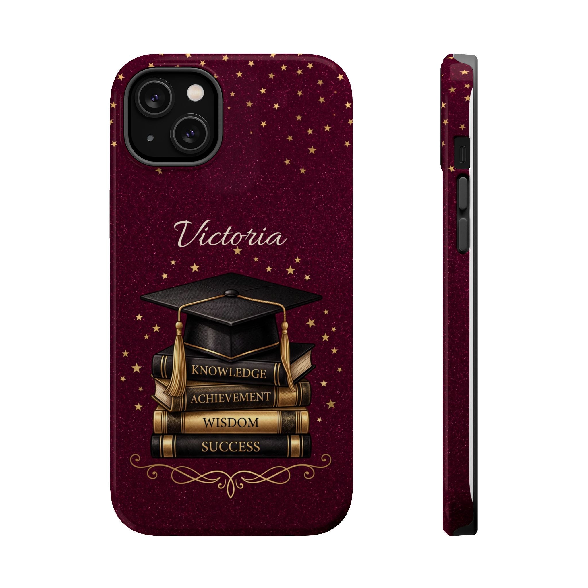 Graduation Cap & Books Personalized Teacher Phone Case — Wireless Charging Cover