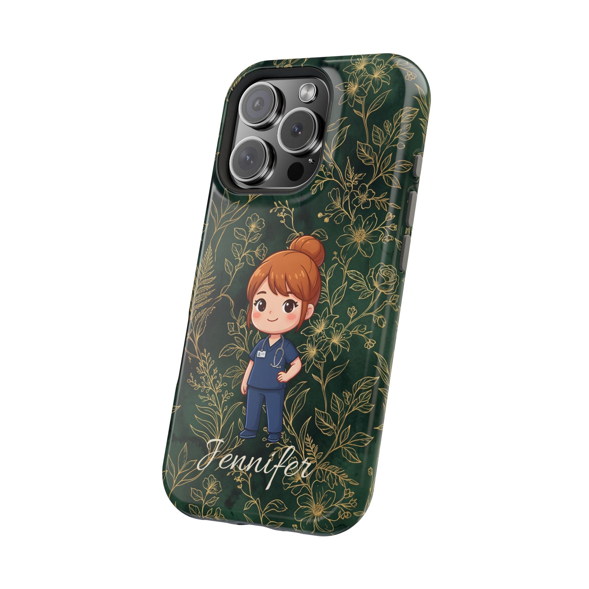 Personalized Nurse Botanical Phone Case — Impact-Resistant Wireless Charging Cover