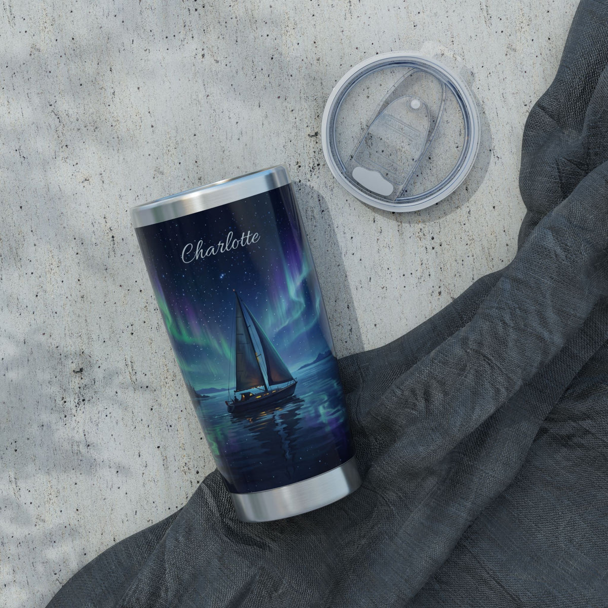 Sailing Personalized Tumbler | Aurora Borealis Art — 20 oz Stainless Travel Mug