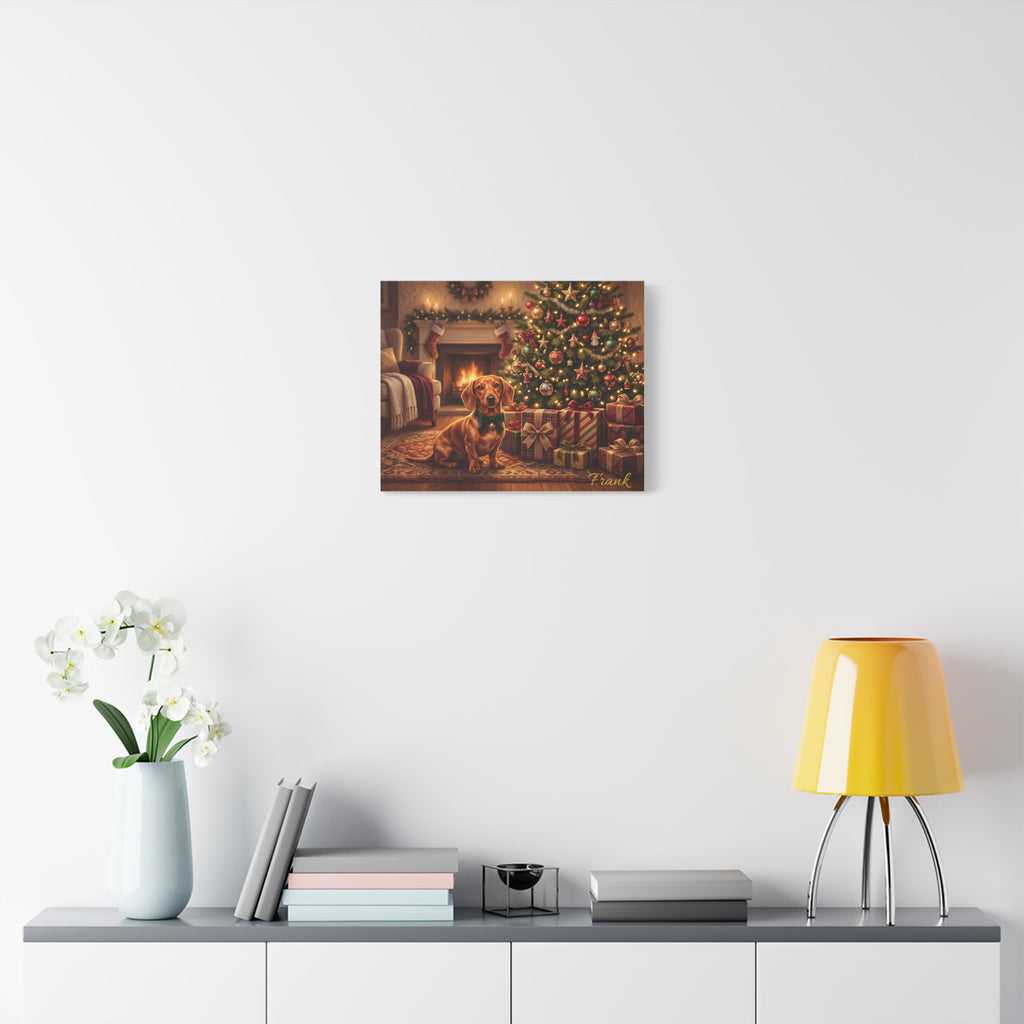 Personalized Dachshund Canvas — Christmas Tree Fireplace Scene