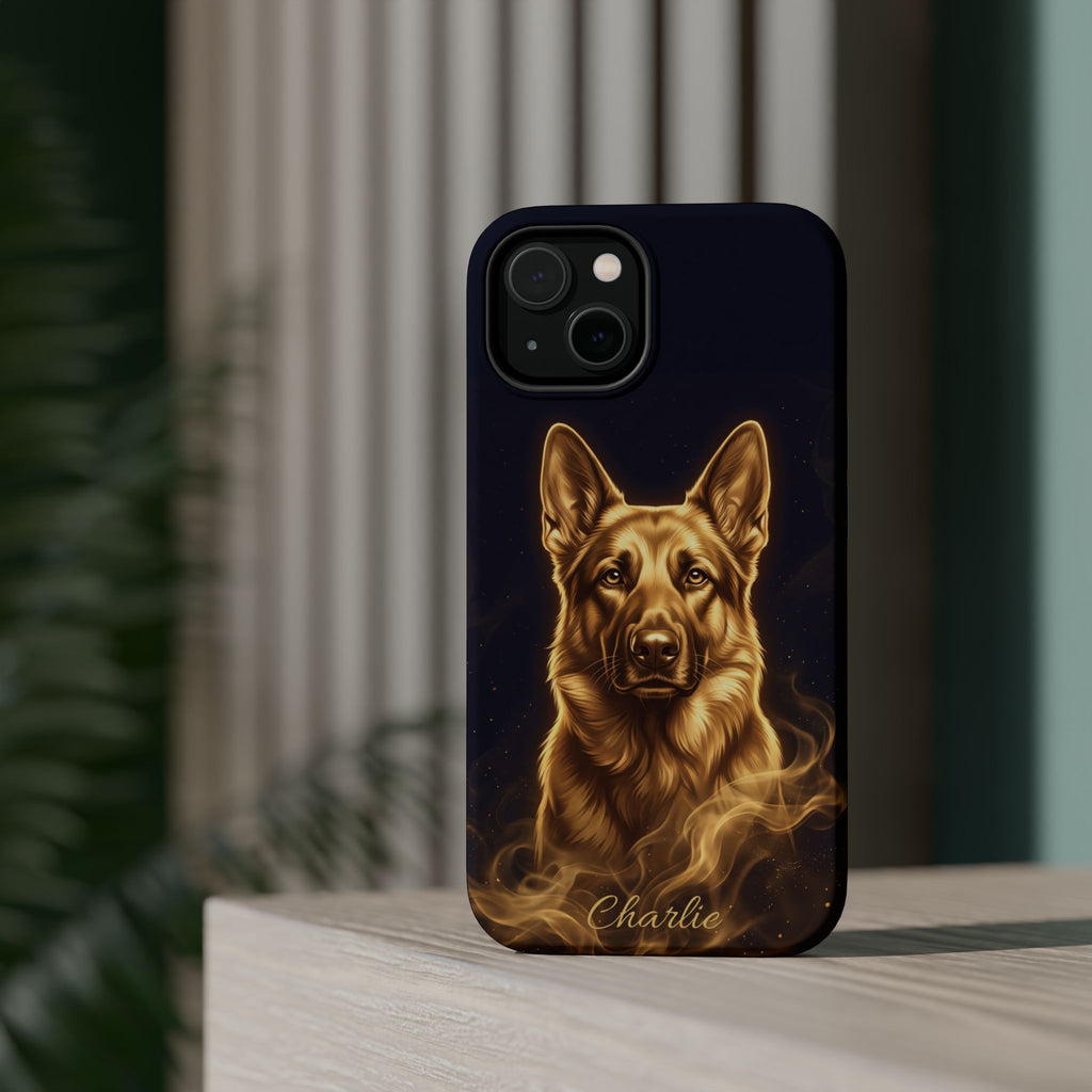 German Shepherd Phone Case | Personalized Gold Glow Art — Tough Magnetic Case with Wireless Charging