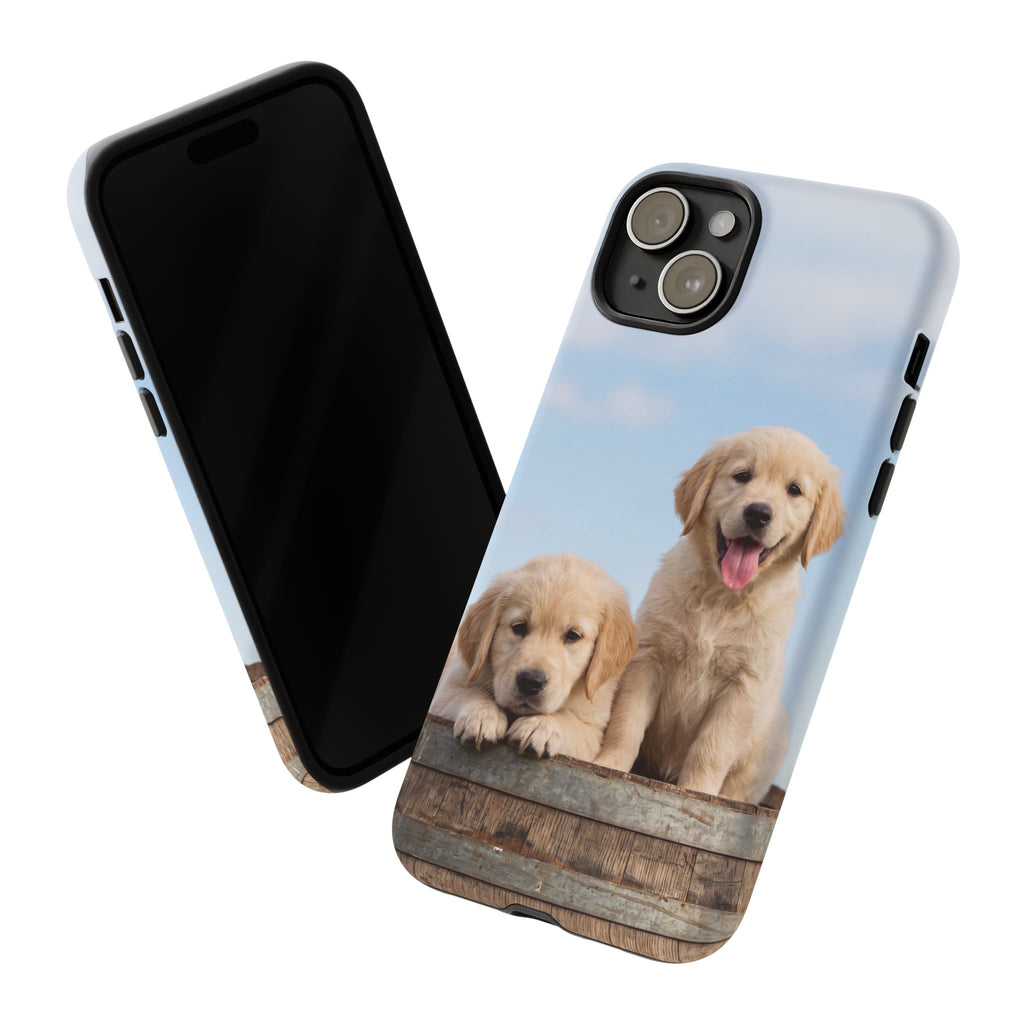 Golden Retriever Puppies on Barrel Phone Case | Cute Duo Under Blue Sky | iPhone & Samsung