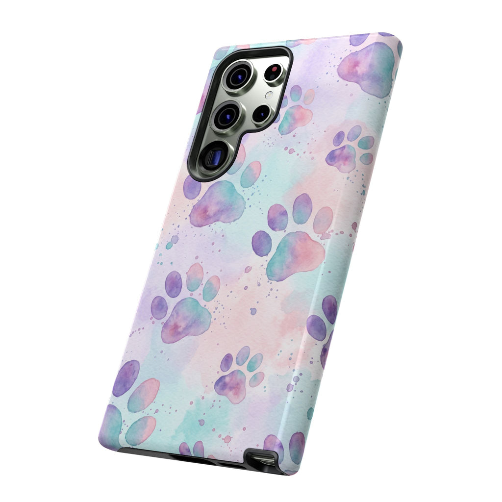 Watercolor Paw Print Phone Case | Pastel Purple, Teal & Pink Artistic Pattern | Samsung & iPhone