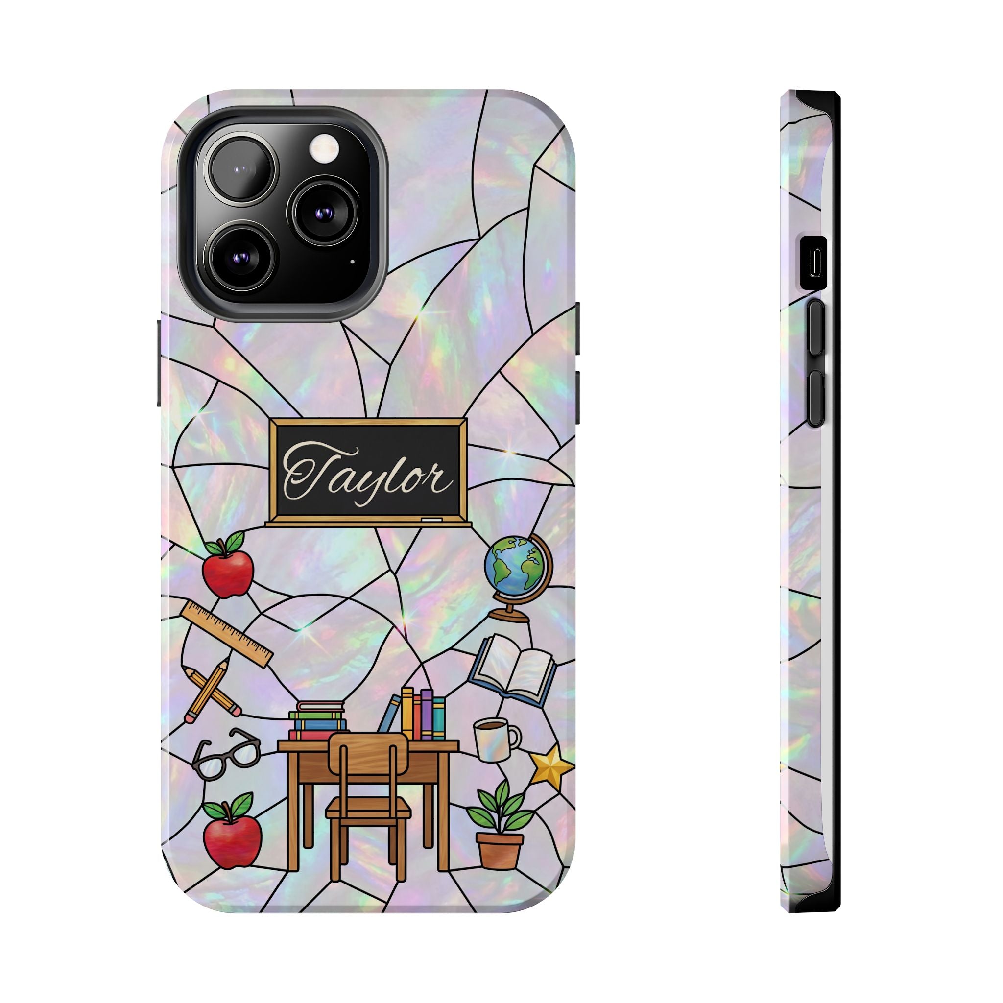 Personalized Teacher Phone Case — Custom Name Stained Glass Classroom Design
