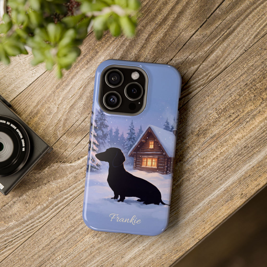 Personalized Dachshund Winter Cabin Phone Case — Wireless Charging Cover