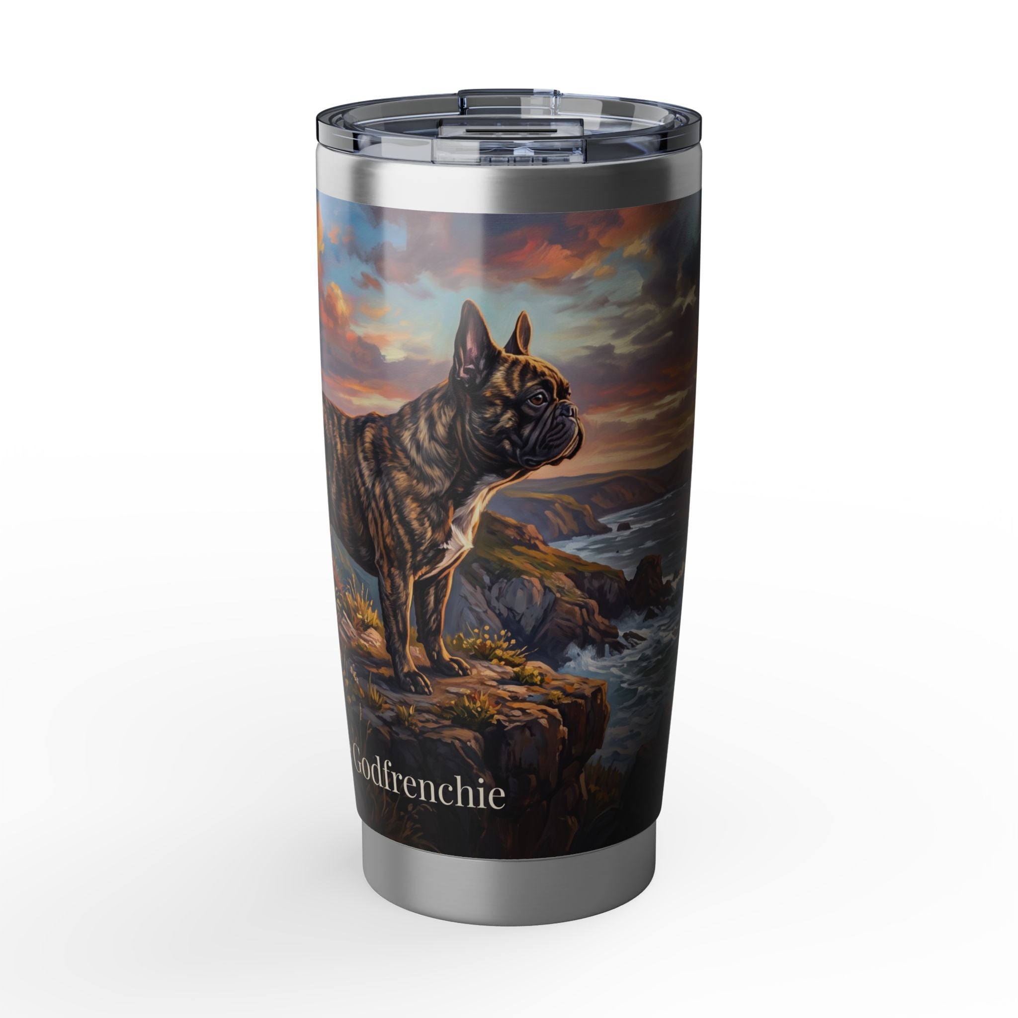 Personalized Frenchie Tumbler – Coastal Cliffs Travel Mug, Custom Name Gift for Dog Lover