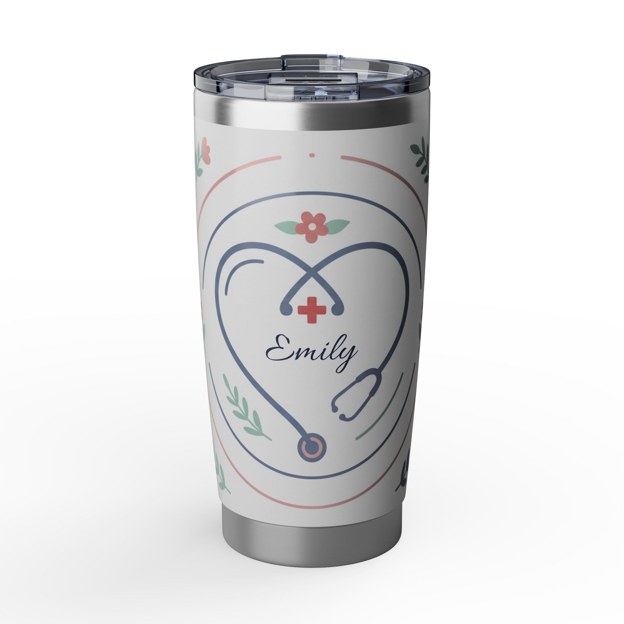 Personalized Nurse Tumbler – Custom Name Heart Stethoscope Design 20 oz