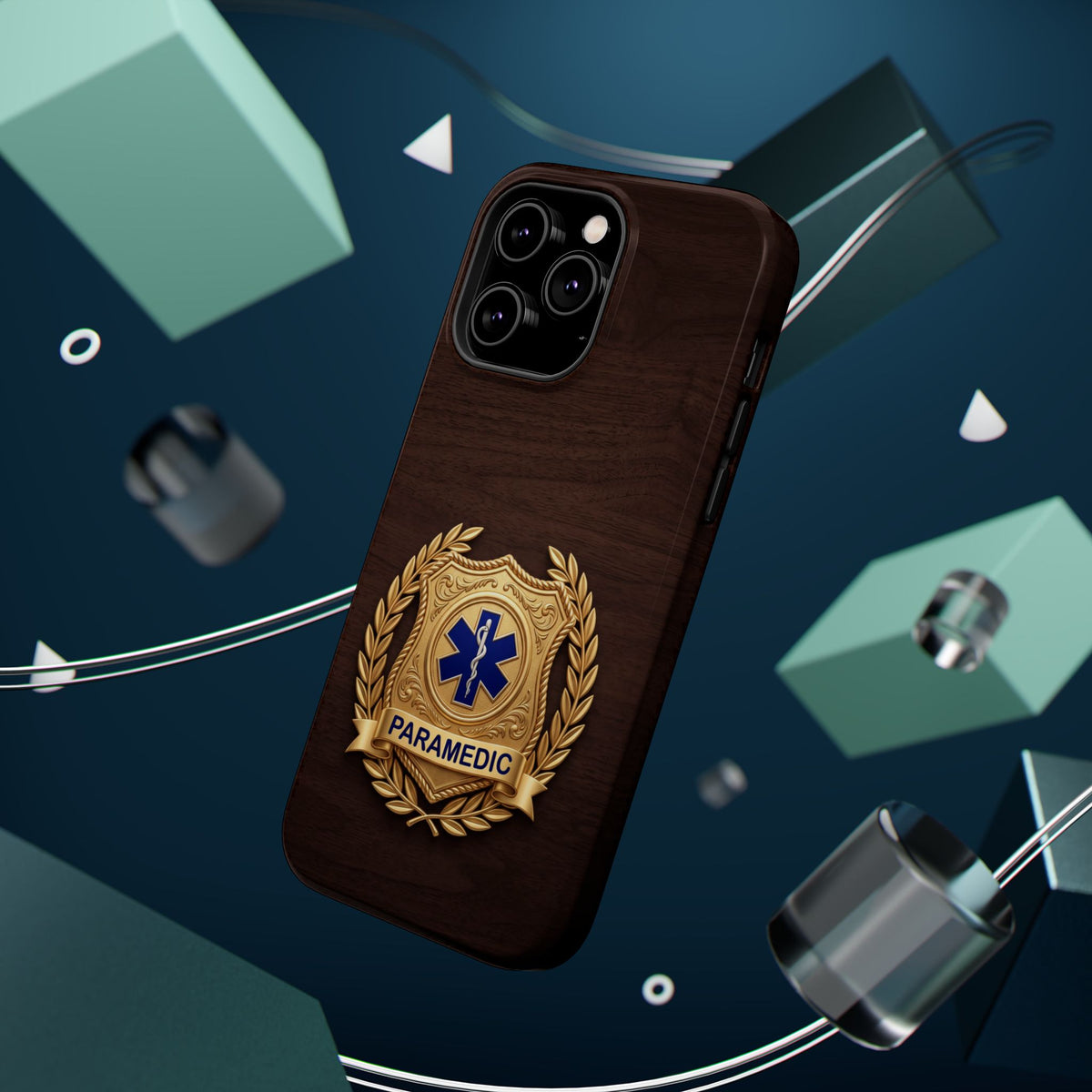 Gold Paramedic Laurel Badge Wood Phone Case — Magnetic Wireless Charging Cover