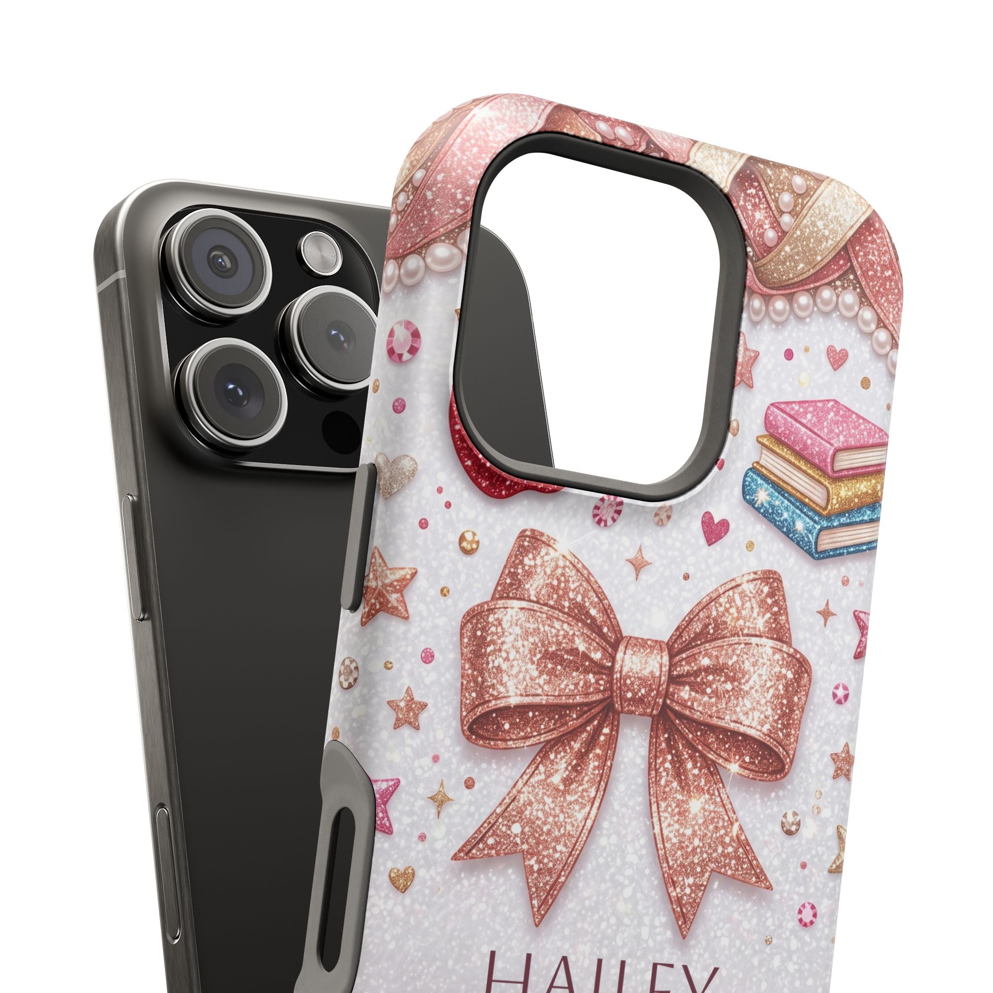 Rose Gold Glitter Bow Personalized Teacher Phone Case — Wireless Charging Cover