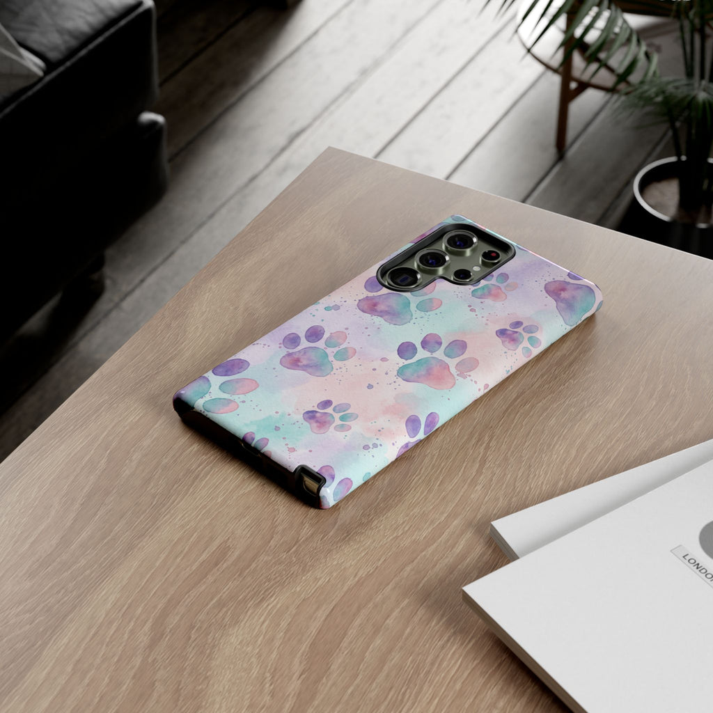 Watercolor Paw Print Phone Case | Pastel Purple, Teal & Pink Artistic Pattern | Samsung & iPhone
