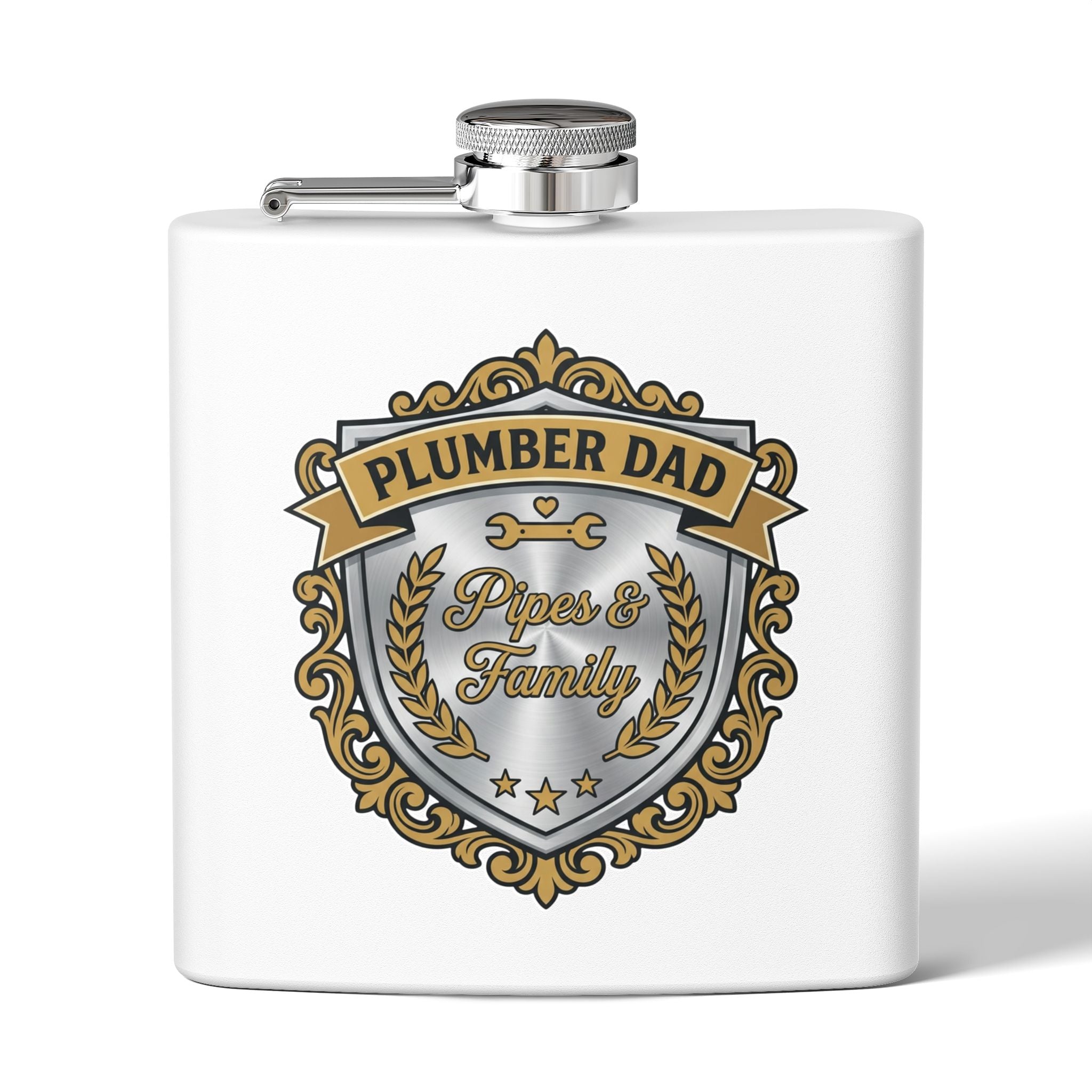 Flask — "Plumber Dad: Pipes & Family" 6oz Stainless Steel Hip Flask