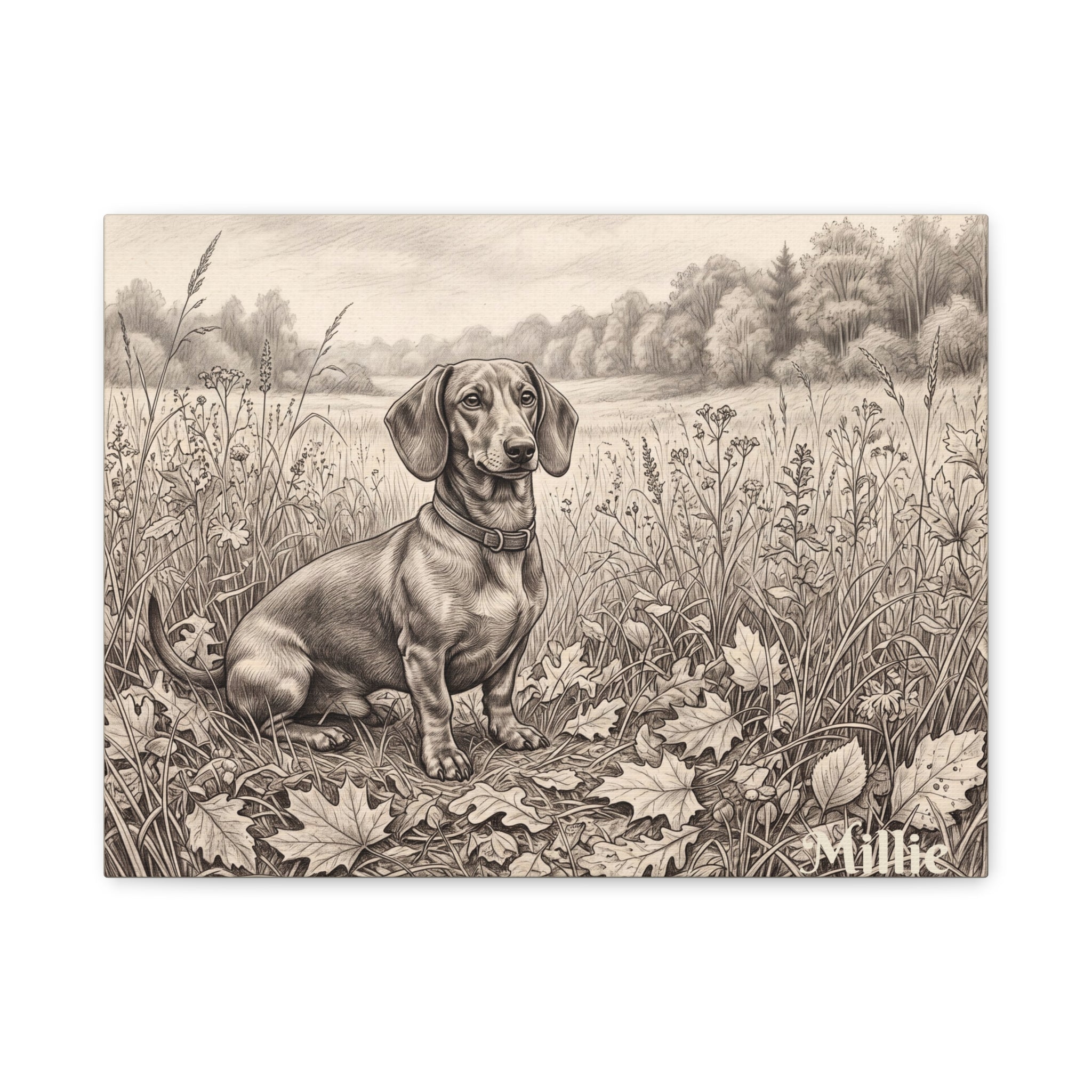 Dachshund Countryside Sketch Personalized Canvas | Autumn Meadow Wall Art