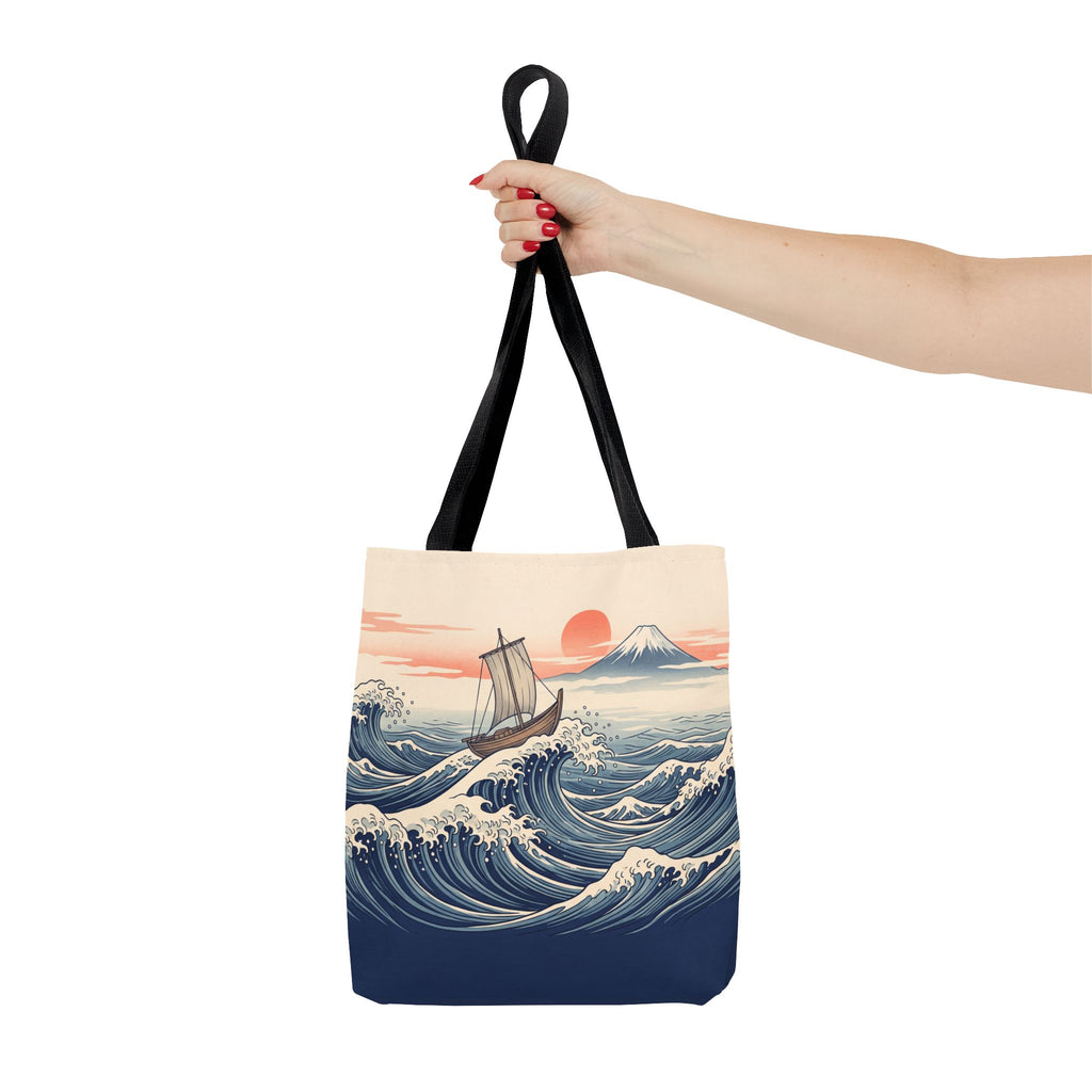 Japanese Wave Sailboat Tote Bag – Woodblock Style Ocean Beach Bag