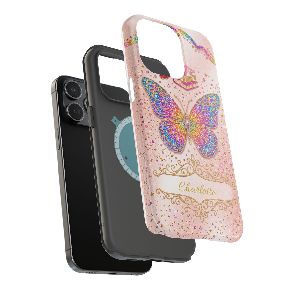 Blush Glitter Butterfly Personalized Teacher Phone Case — Wireless Charging Cover