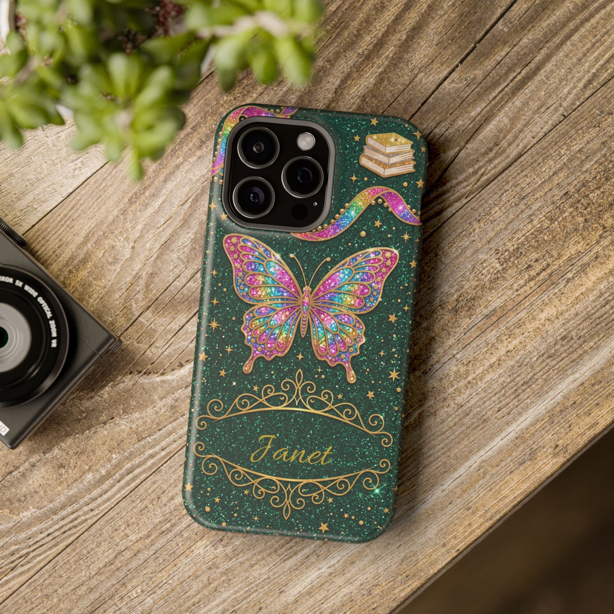 Rainbow Glitter Butterfly Personalized Teacher Phone Case — Wireless Charging Cover