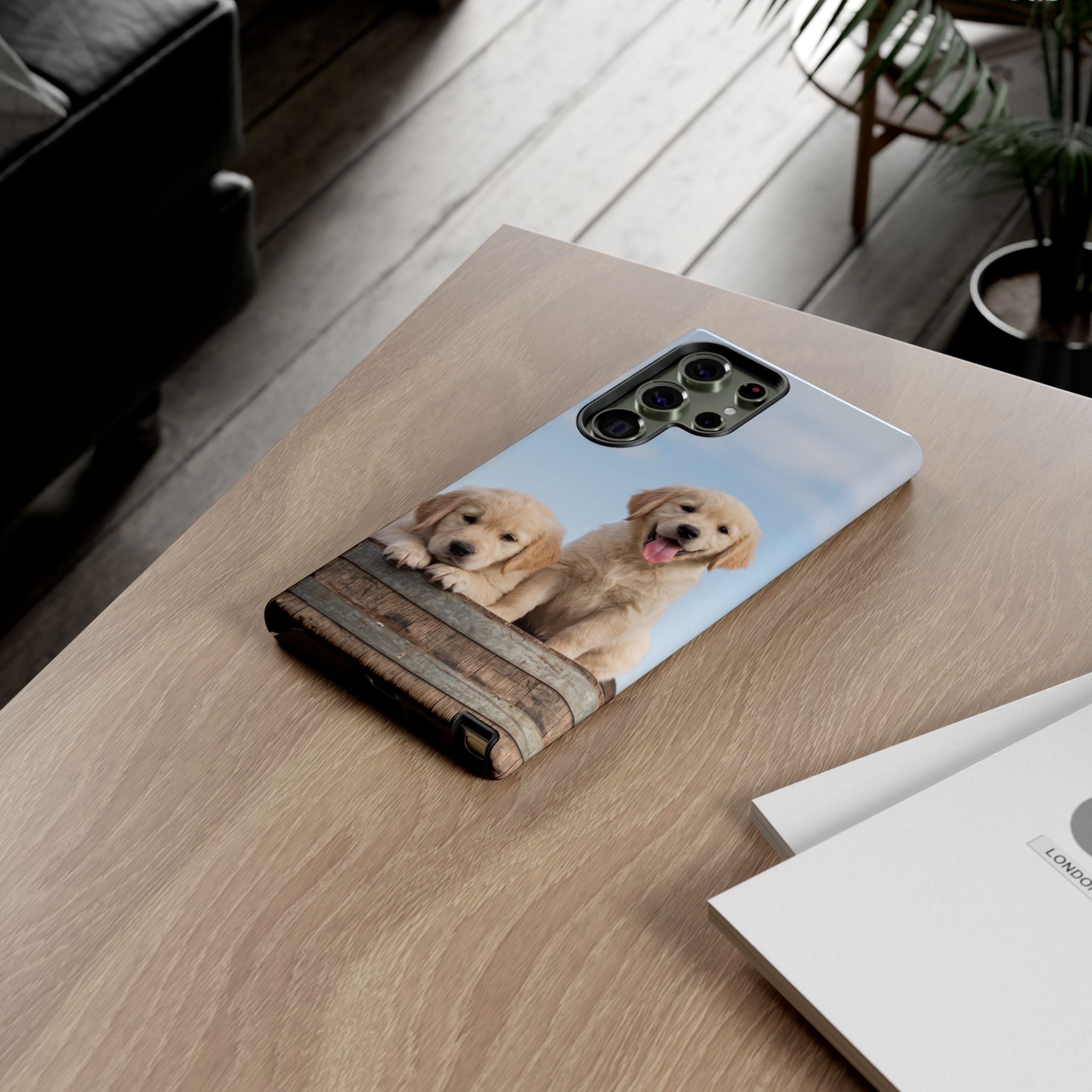 Golden Retriever Puppies on Barrel Phone Case | Cute Duo Under Blue Sky | iPhone & Samsung