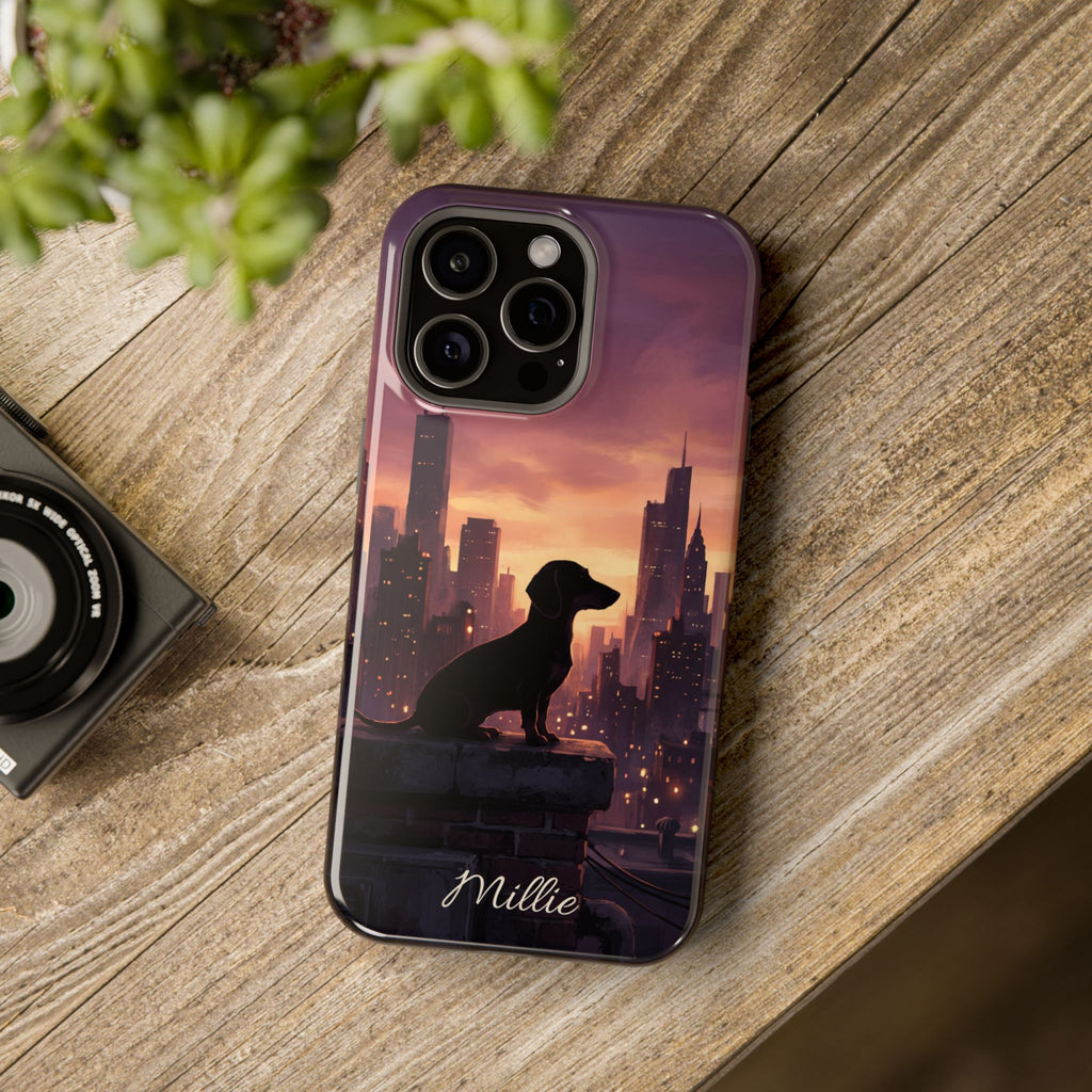 Personalized Dachshund City Skyline Phone Case — Wireless Charging Cover