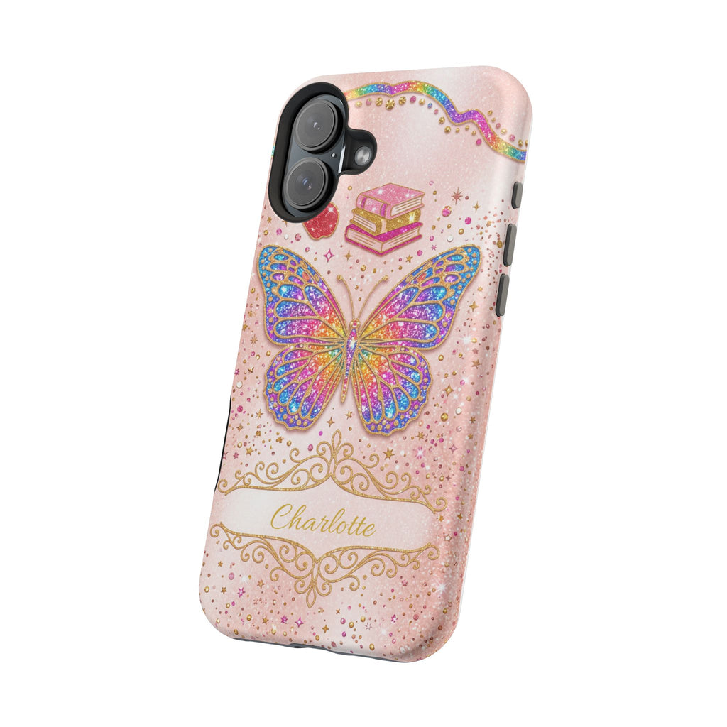 Blush Glitter Butterfly Personalized Teacher Phone Case — Wireless Charging Cover
