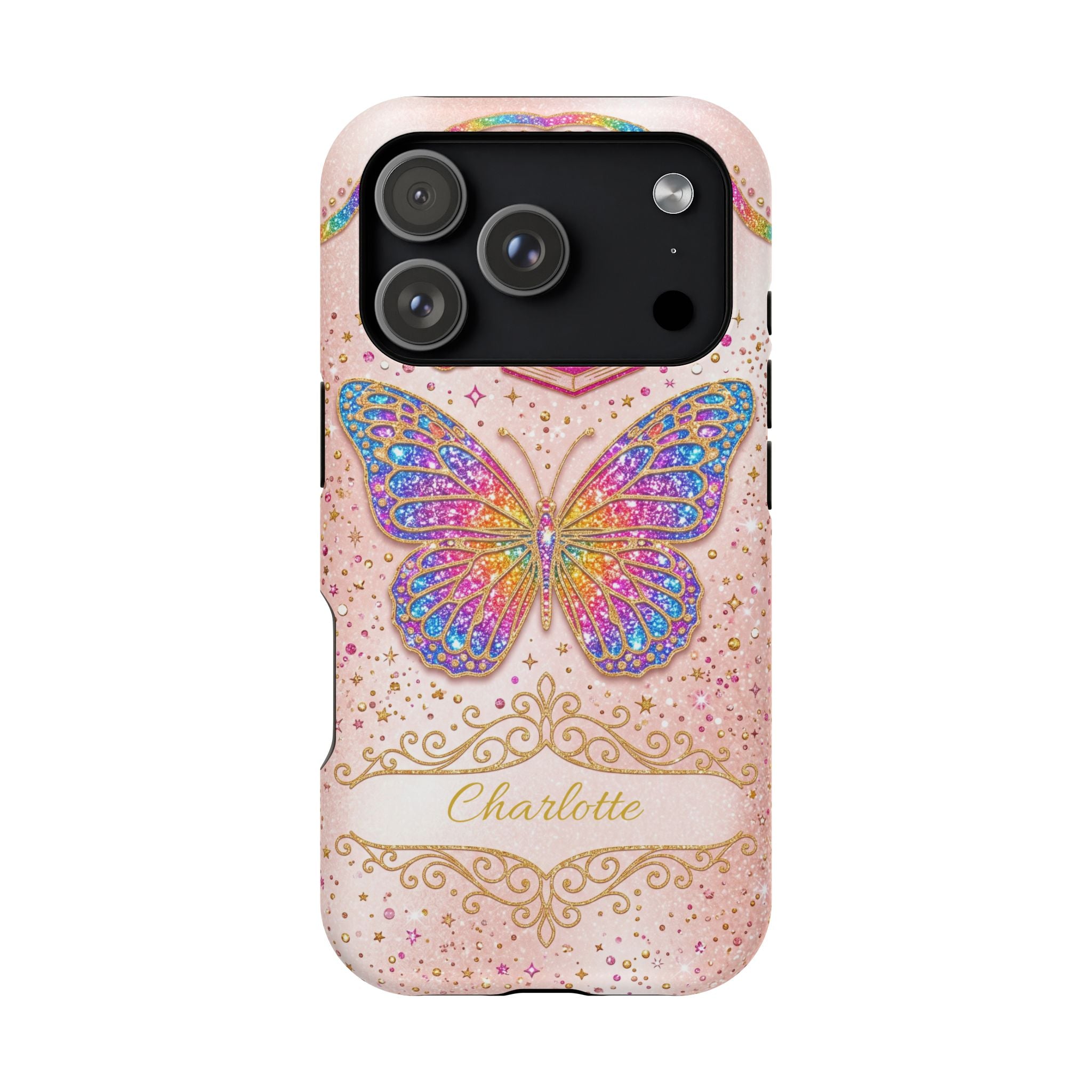 Blush Glitter Butterfly Personalized Teacher Phone Case — Wireless Charging Cover