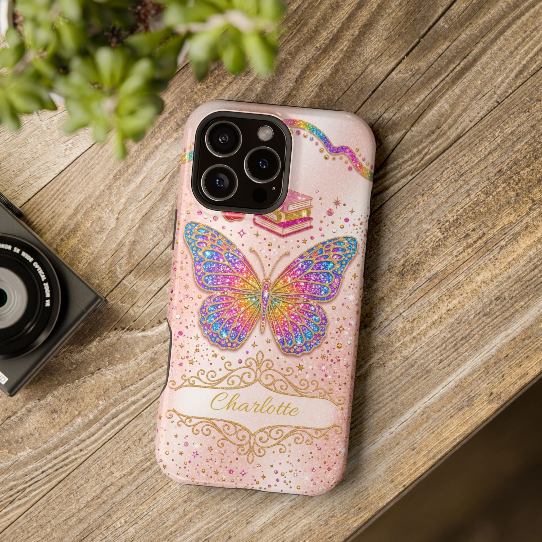 Blush Glitter Butterfly Personalized Teacher Phone Case — Wireless Charging Cover