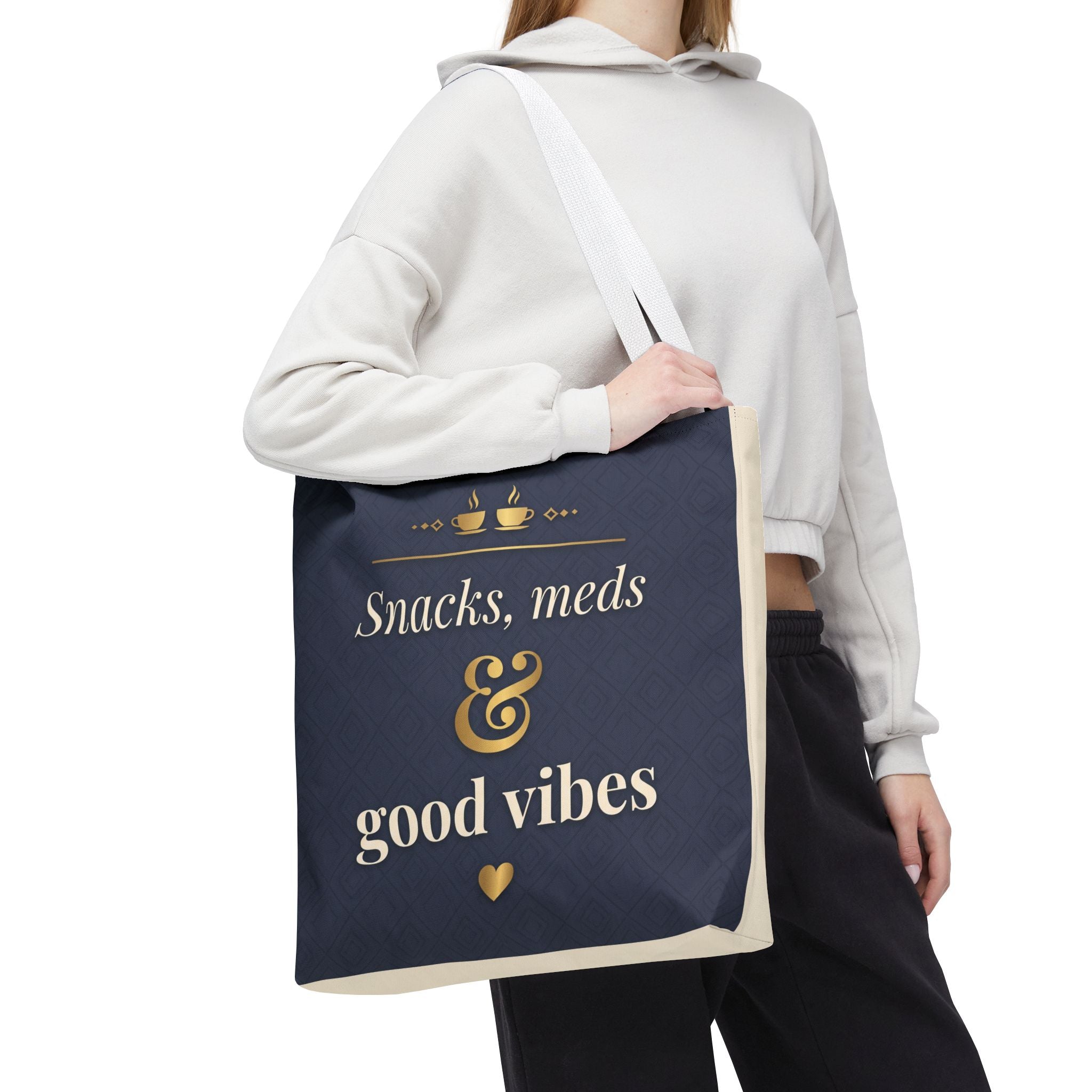 Snacks Meds & Good Vibes Tote | Funny Nurse Gift Tote Bag | Healthcare Worker Humour Gift | Premium Polyester Carry-All