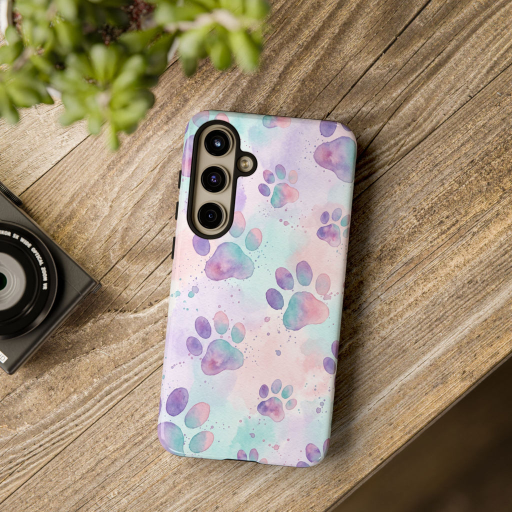 Watercolor Paw Print Phone Case | Pastel Purple, Teal & Pink Artistic Pattern | Samsung & iPhone