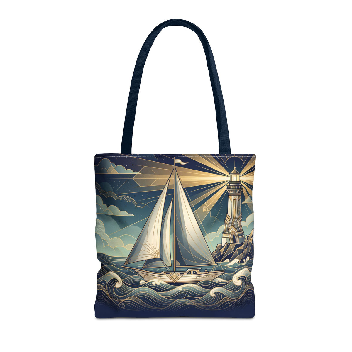 Lighthouse Sailboat Tote Bag – Nautical Art Deco Ocean Waves Beach Bag