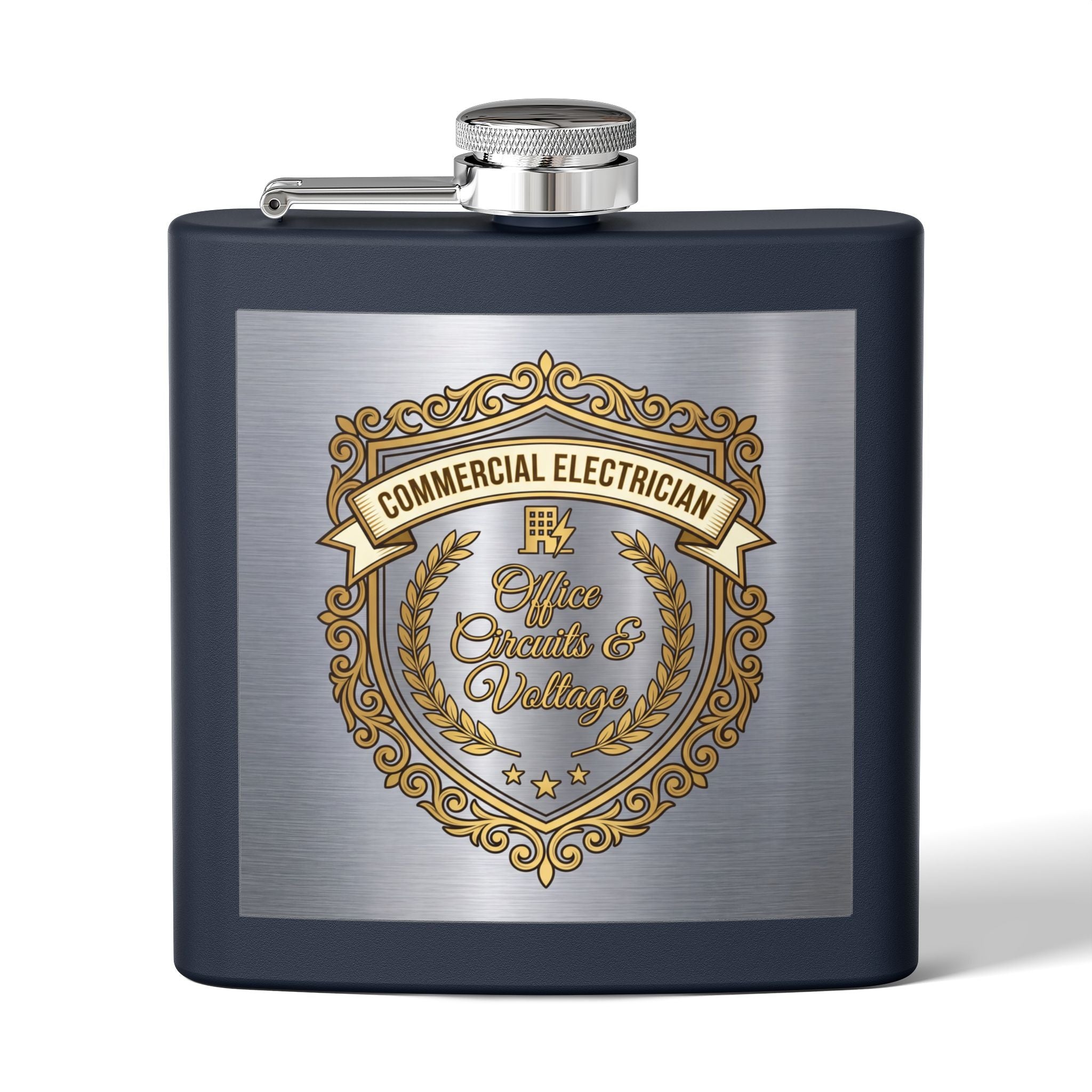 Flask — "Commercial Electrician: Office Circuits & Voltage" (Shield Badge) 6oz Stainless Steel Hip Flask