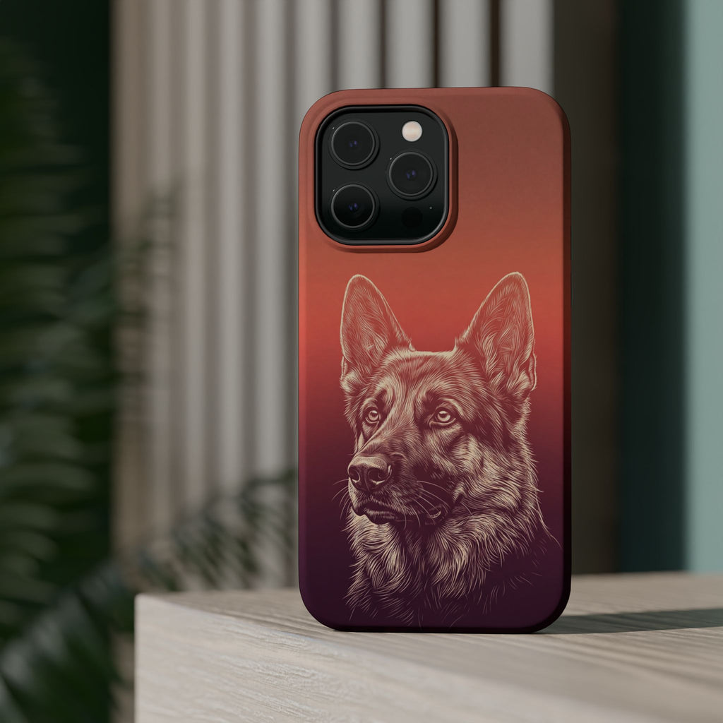 German Shepherd Phone Case | Sunset Sketch Art — Tough Magnetic Case with Wireless Charging