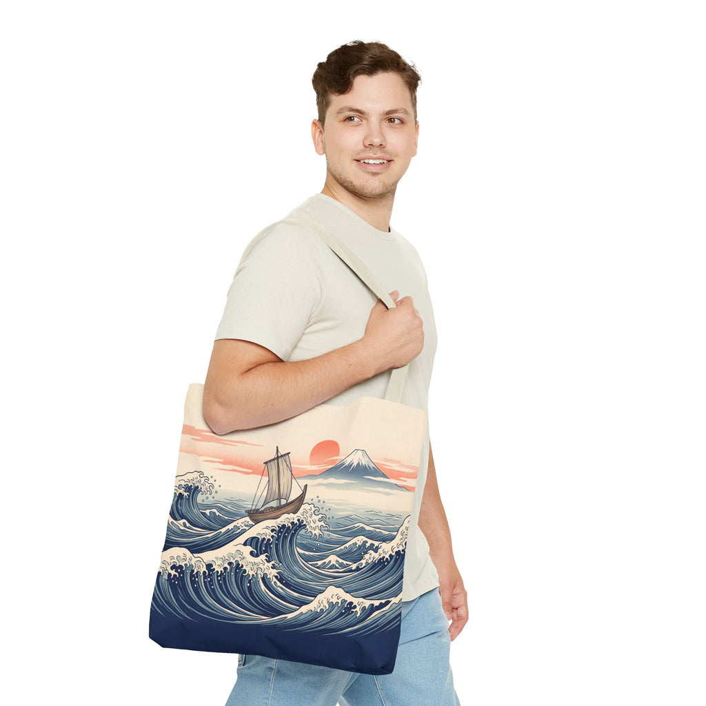 Japanese Wave Sailboat Tote Bag – Woodblock Style Ocean Beach Bag