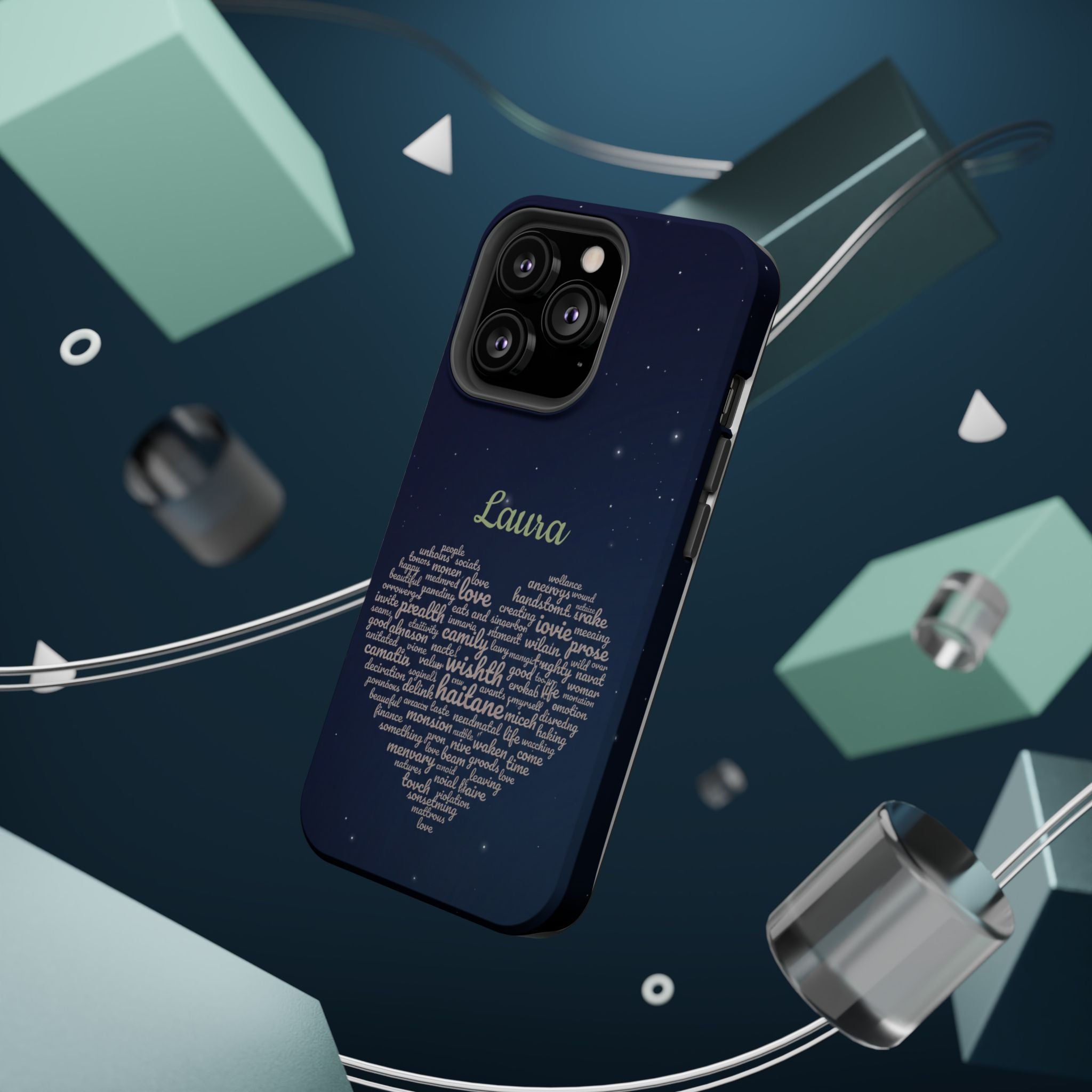 Personalized Teacher Heart Word Art Phone Case — Navy Wireless Charging Cover