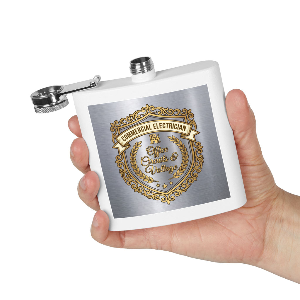 Flask — "Commercial Electrician: Office Circuits & Voltage" (Shield Badge) 6oz Stainless Steel Hip Flask