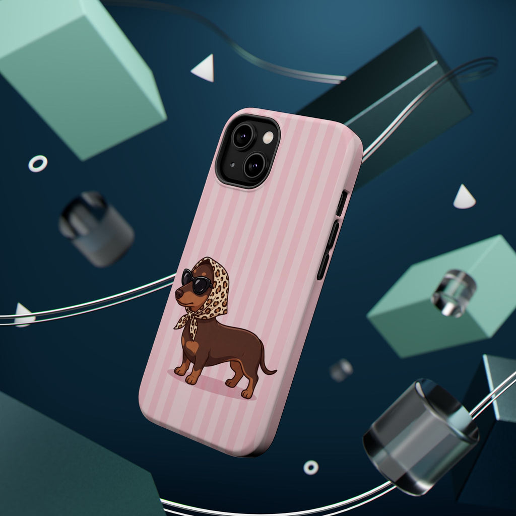 Glam Dachshund Phone Case | Cute Sausage Dog in Leopard Scarf & Sunglasses | Pink Stripe Case for iPhone & Samsung