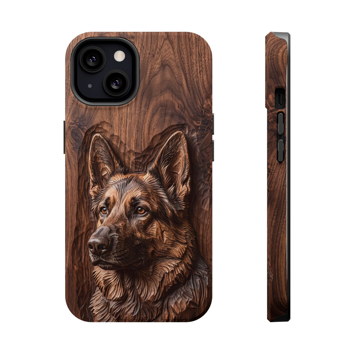 German Shepherd Phone Case | Carved Walnut Art — Tough Magnetic Case with Wireless Charging