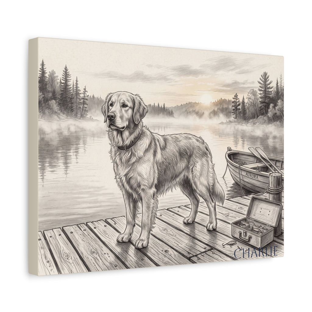Golden Retriever Lakeside Dock Sketch Personalized Canvas | Misty Lake Wall Art