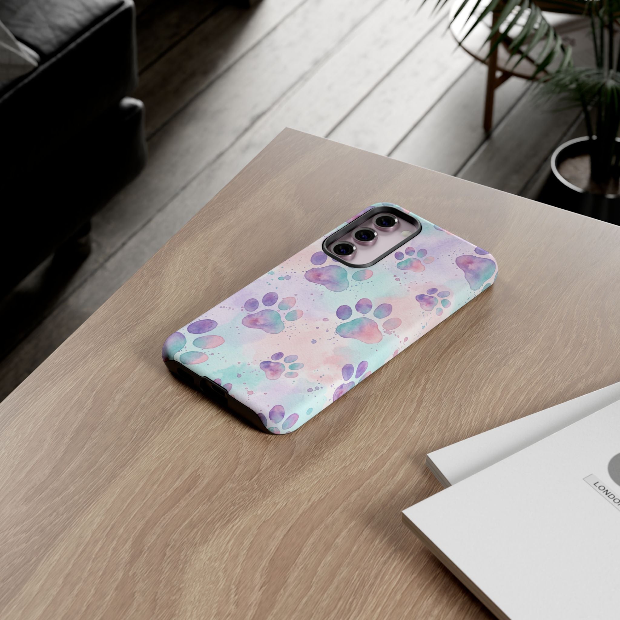Watercolor Paw Print Phone Case | Pastel Purple, Teal & Pink Artistic Pattern | Samsung & iPhone