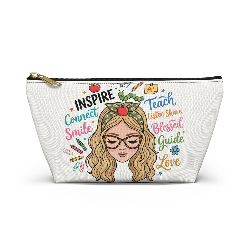 Inspire Teach Blonde Illustrated Teacher Pouch — T-Bottom Zipper Bag