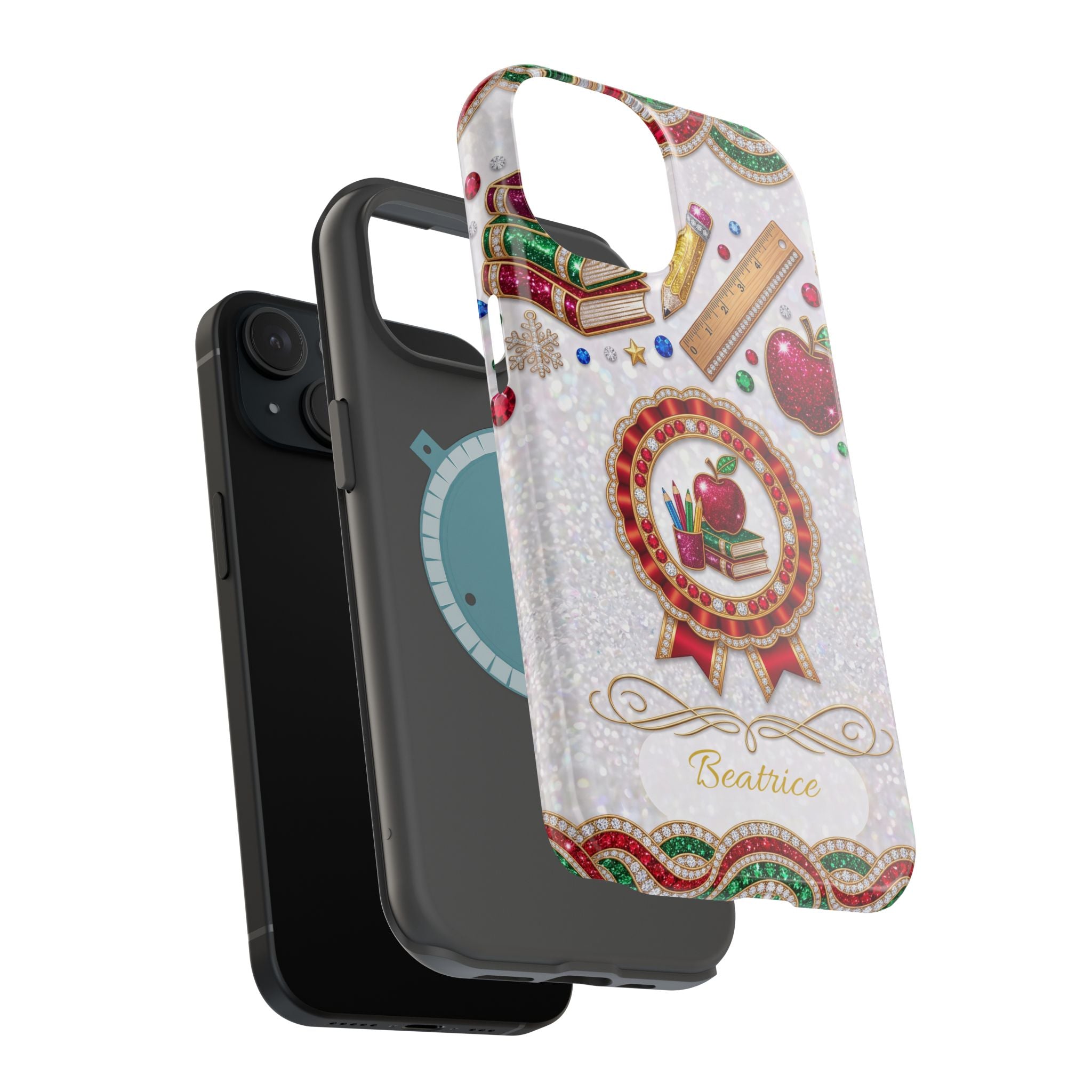 Jeweled Apple Medallion Personalized Teacher Phone Case — Wireless Charging Cover
