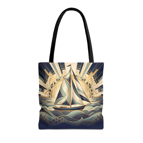 Art Deco Sailboat Tote Bag – Golden Sunburst Nautical Beach Bag