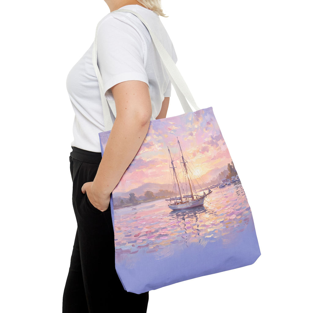 Pastel Sailboat Tote Bag – Impressionist Sunset Harbor Beach Bag