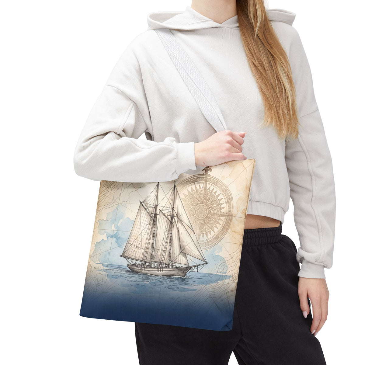 Vintage Schooner Tote Bag – Antique Nautical Map Compass Beach Bag